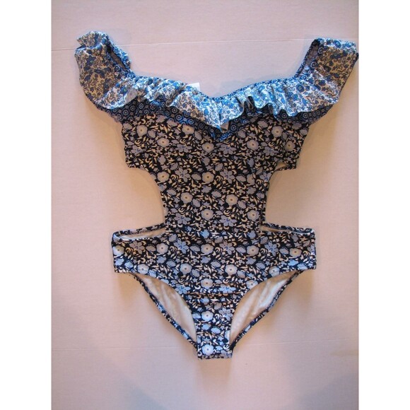 Ruffled Swim Bathing Suit Jessica Simpson Blue Off Shoulder PATCHED UP Cut Out M - Picture 2 of 5